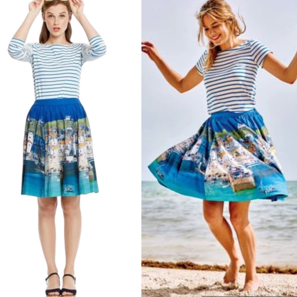 Boden Italy Beach Seaside Scene Printed Pleated Flared Circle Slip Skirt - 12